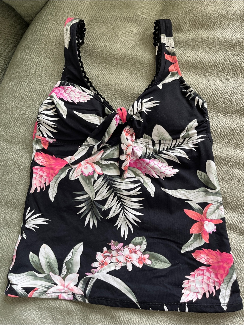 Tommy Bahama Black Floral Tie-Front Swim Cami with Pink & Green Accents
